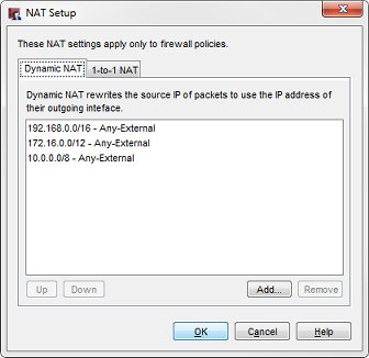 NAT の設定のダイアログ ボックス (既定設定の動的 NAT タブが表示されている状態) のスクリーンショット
